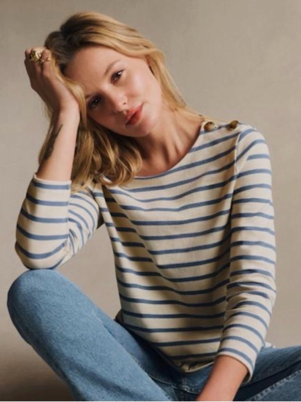 Sézane Colette Marinière Striped Cotton Top Cream Blue Gold Buttons M